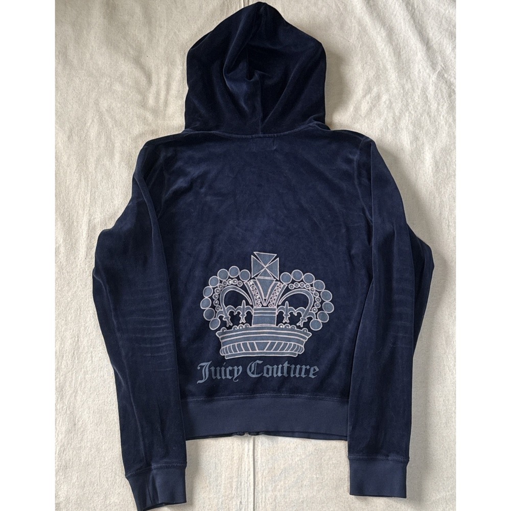 Juicy Couture Navy Blue Full Zip Velour Track Jacket Hoodie Y2K Crown Sz Sz XL